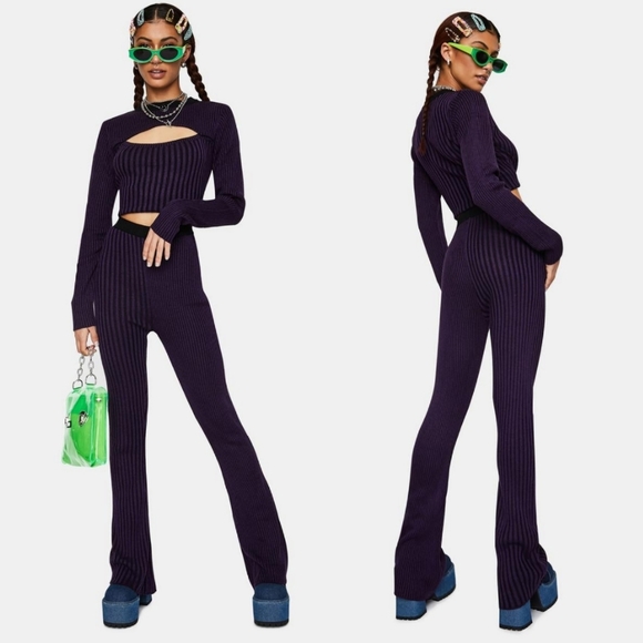 The Ragged Priest | Purple Ribbed Knit Flare Pants - Picture 1 of 7